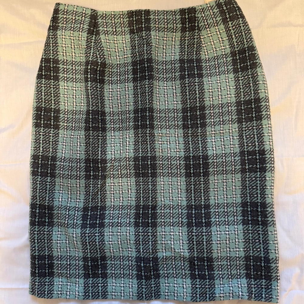 Jessica Scott Vintage Green Gray Plaid Light Tweed Pencil Skirt Size 12